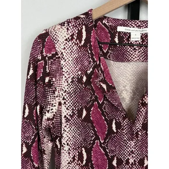 Diane von Furstenberg Purple Snake Print Reina Long Sleeve Dress Silk Sz 6 - Picture 5 of 14